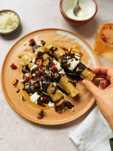 Butternut squash and Goats Cheese Flautas with Mole - banner image