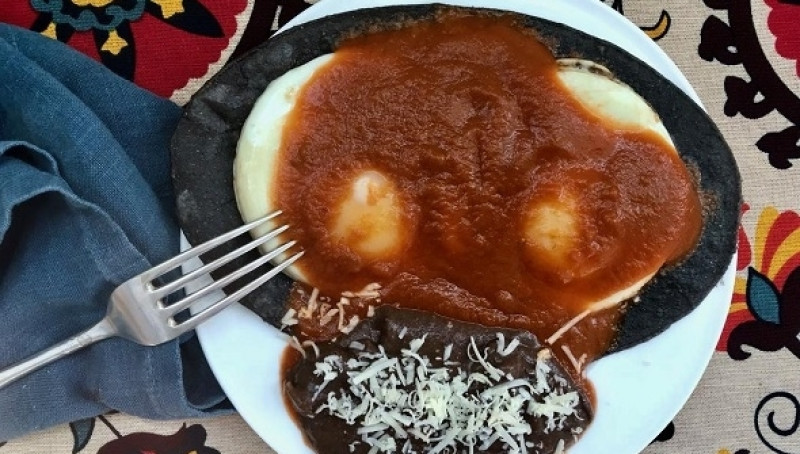 Huevos Rancheros with black bean refry - thumbnail image