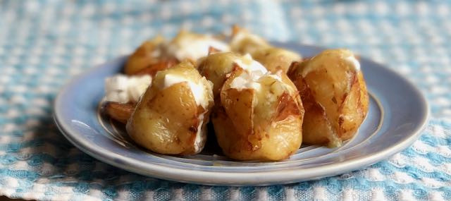Potato Tostones with Sour Cream and Tomatillo Salsa - banner image